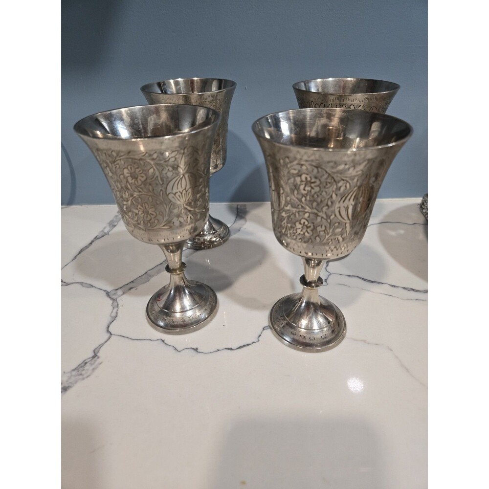 Vintage 'Worldgift, Z.Y. India' Etched Silverplate Goblets~Set of 4